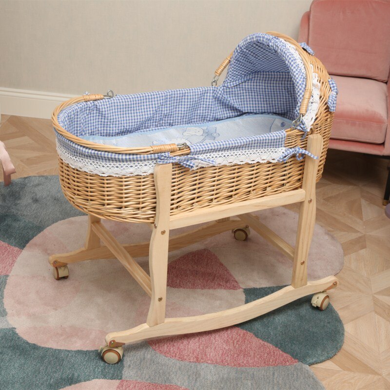 Wooden and Rattan Portable Baby Cradle Bed with Roller Baby Rocker 360