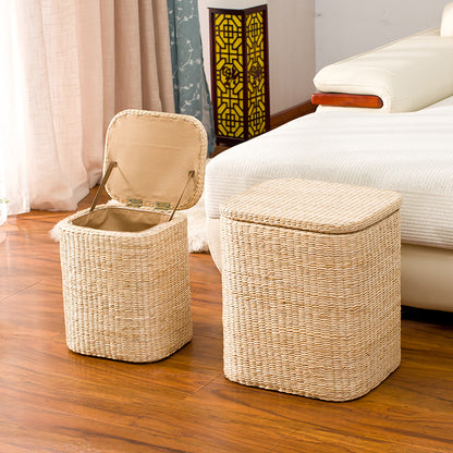 Ottoman Style Handmade Solid Wood and Rattan Woven Stools Footrest