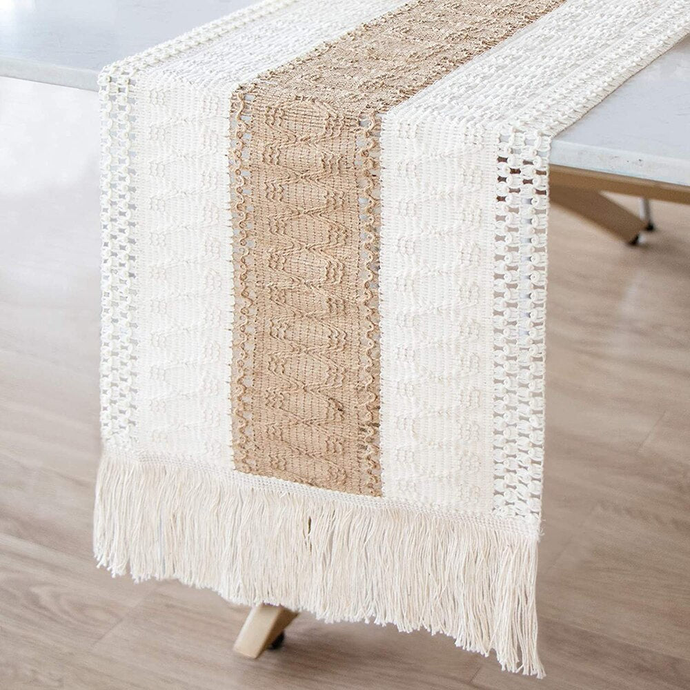 Macrame Boho Table Runners with Tassels and Natural Cotton Burlap Splicing - Forplanetsake