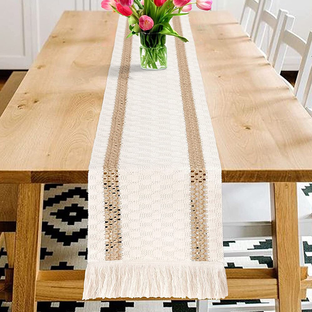 Macrame Boho Table Runners with Tassels and Natural Cotton Burlap Splicing - Forplanetsake