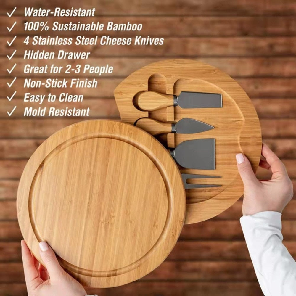 Bamboo Cheese Board with Sliding Drawer Rotating Plate for Storing Knives