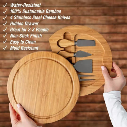 Bamboo Cheese Board with Sliding Drawer Rotating Plate for Storing Knives