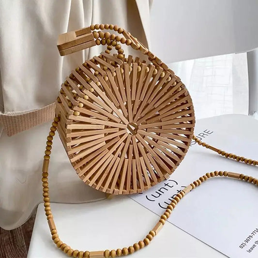 Round Beaded Wooden Shoulder Crossbody Bag