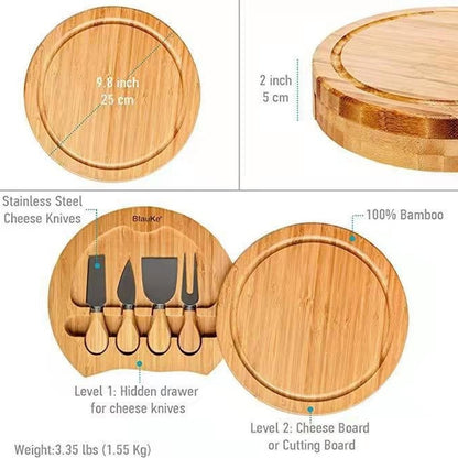 Bamboo Cheese Board with Sliding Drawer Rotating Plate for Storing Knives - Forplanetsake