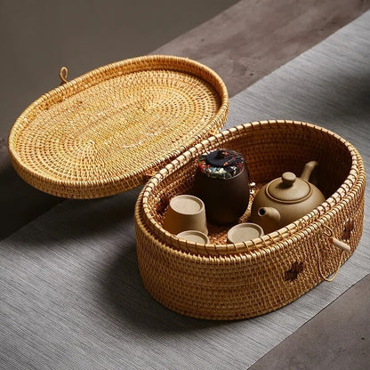 Handwoven Rattan Storage Box with Handle (Oval)