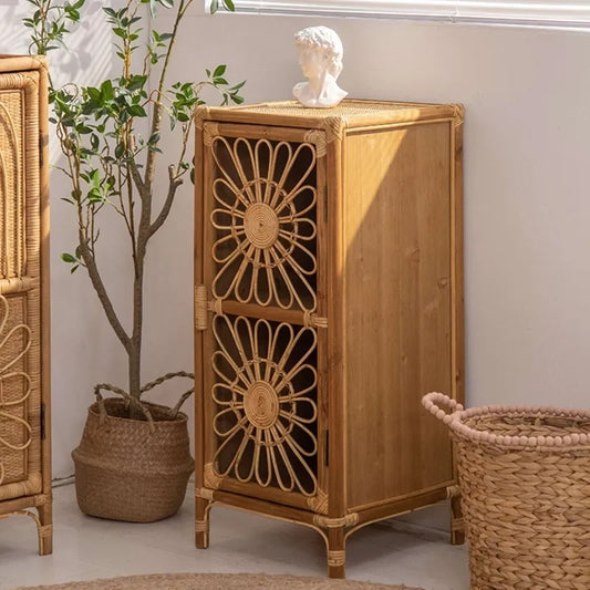 Floral Harmony Handcrafted Natural Rattan Cabinet