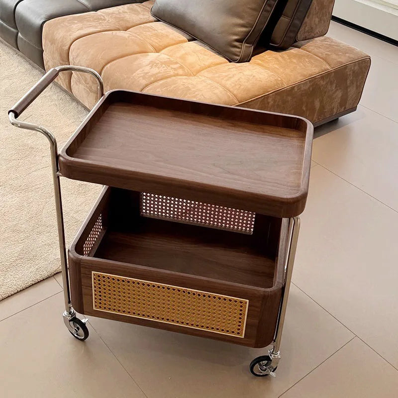 Elegant Wood and Rattan Coffee Table Cart with Wheels - For Planet Sake