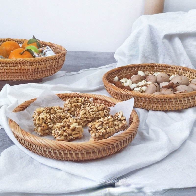 Handmade Real Rattan Fruit Basket, Snack Tray and Bread Basket