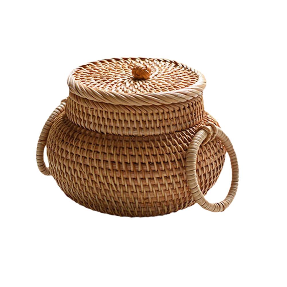 Handwoven Round Rattan Multipurpose Storage Box With Lid Desktop Decorations or Storage Picnic Food and Fruits Basket - Forplanetsake