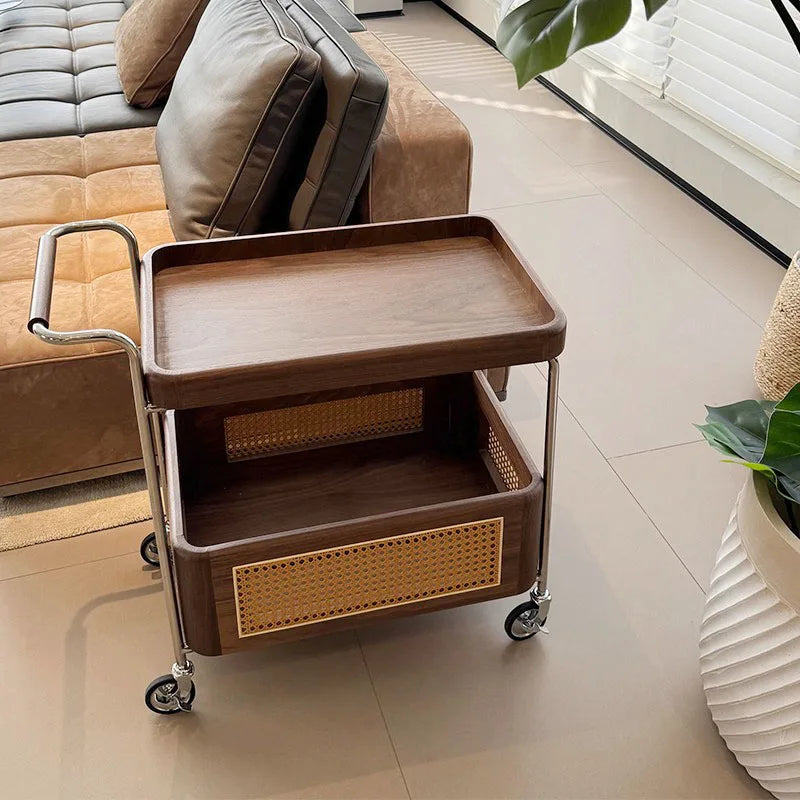 Elegant Wood and Rattan Coffee Table Cart with Wheels - For Planet Sake