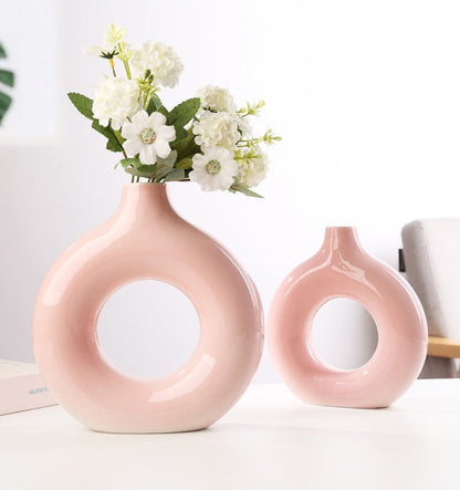 Hollow Donut Pink Ceramic Vase