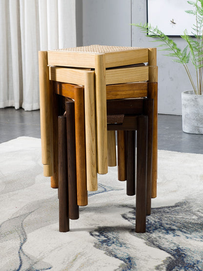 Nordic Design Rattan Woven, Portable and Stackable Wooden Stools