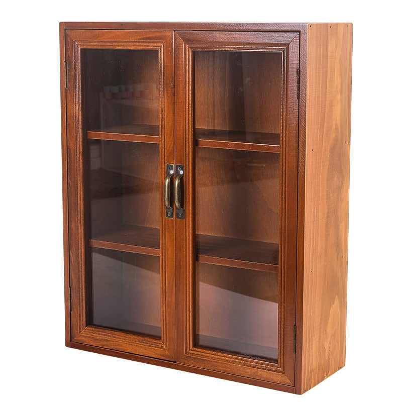 Vintage Desktop Storage Glass Door Wooden Storage Cabinets