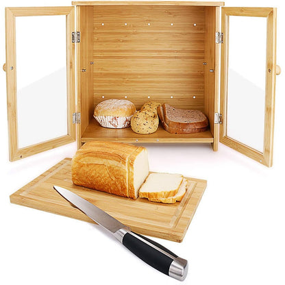 Double Door Dustproof Bamboo 2-Tier Bread Box and Seasoning Locker Simple Household Food Storage Box