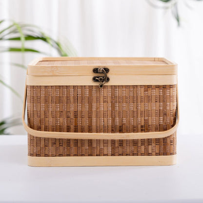 Bamboo Woven Baskets with Lid and Handles for Picnics and Household Storage - Forplanetsake