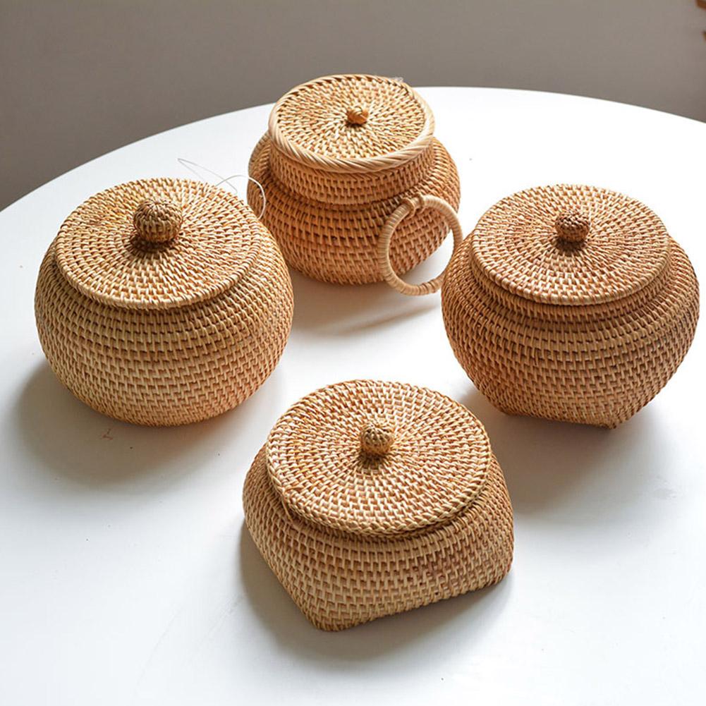 Handwoven Round Rattan Multipurpose Storage Box With Lid Desktop Decorations or Storage Picnic Food and Fruits Basket