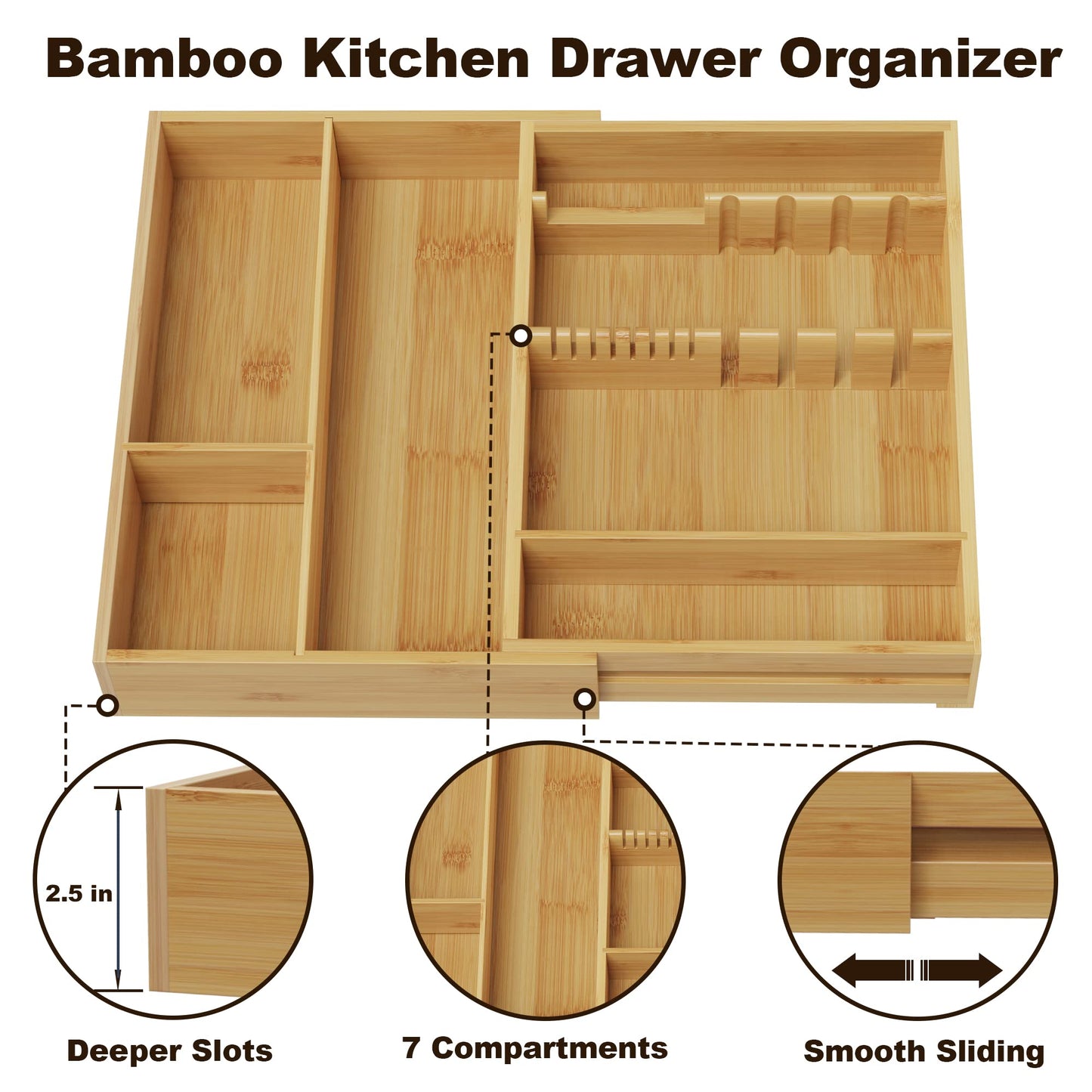 Expandable Bamboo Kitchen Drawer Organizer Adjustable Cutlery Tray Silverware Organizer - Forplanetsake