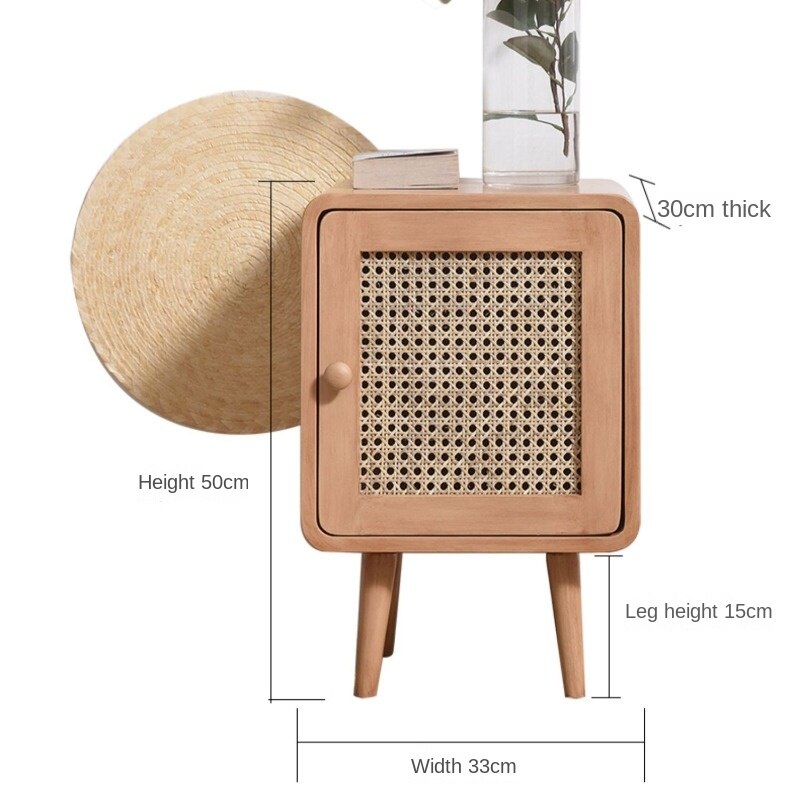 Minimalist Modern Natural Rattan and Solid Wood Bedside Table
