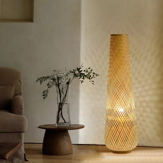 Retro Bamboo Floor Lamp with Intricate Handwoven Design