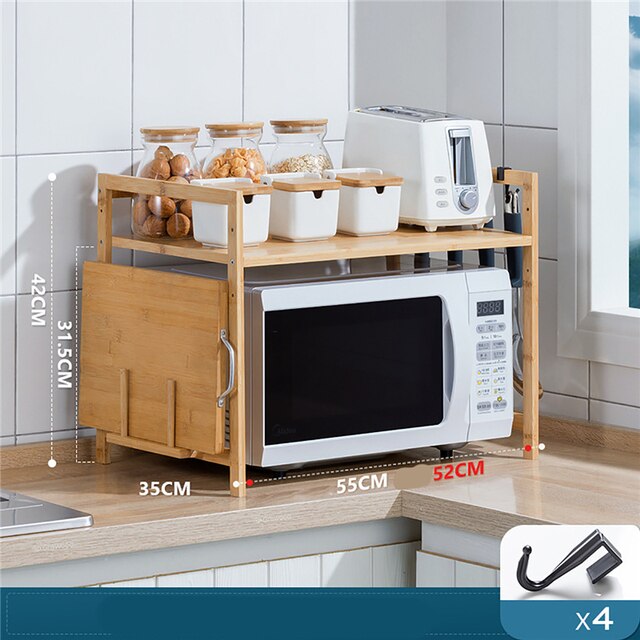 Kitchen Countertop Multi-Layer Bamboo Adjustable Storage and Organiser Shelf with Hanging Hook and Chopping Board Holder - Forplanetsake