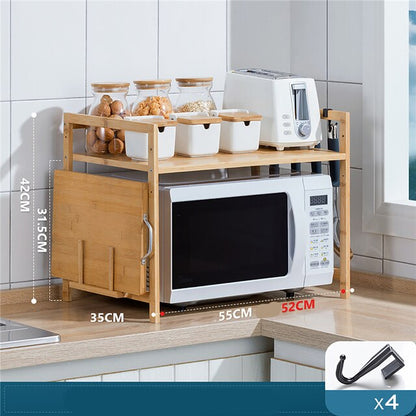 Kitchen Countertop Multi-Layer Bamboo Adjustable Storage and Organiser Shelf with Hanging Hook and Chopping Board Holder - Forplanetsake