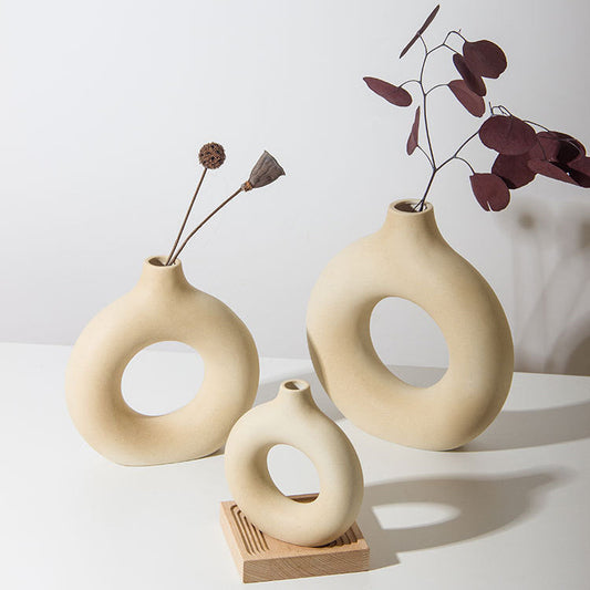 Hollow Donut Beige Ceramic Vase