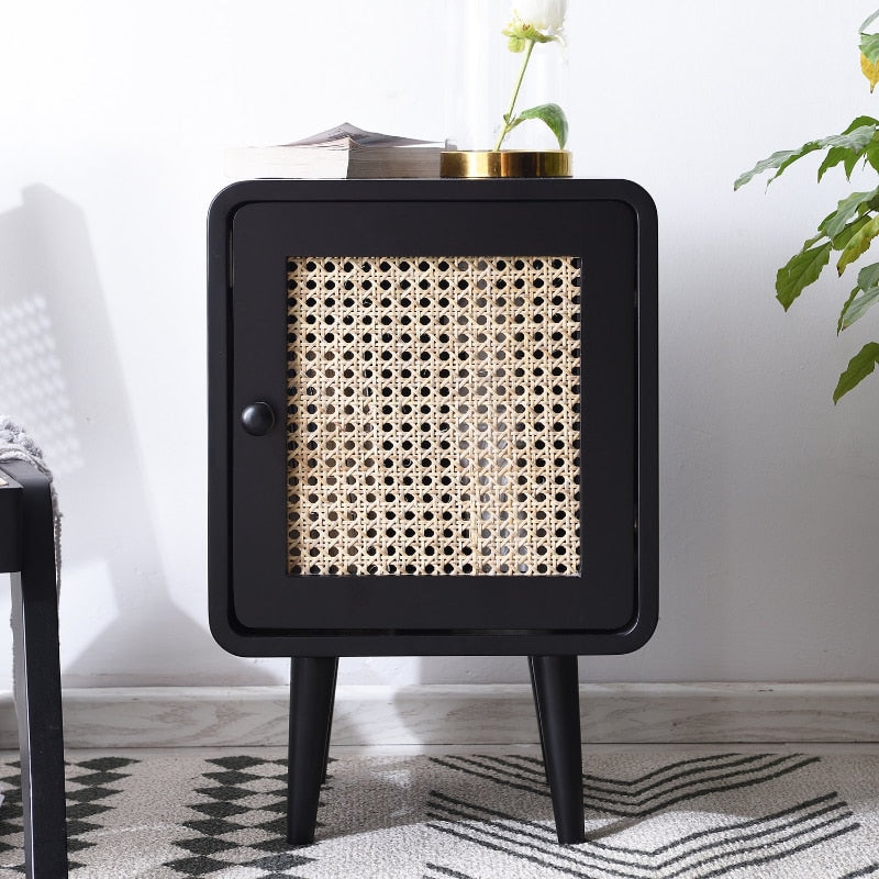 Minimalist Modern Natural Rattan and Solid Wood Bedside Table