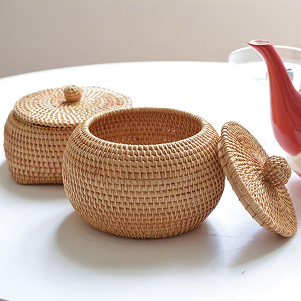 Handwoven Round Rattan Multipurpose Storage Box With Lid Desktop Decorations or Storage Picnic Food and Fruits Basket - Forplanetsake