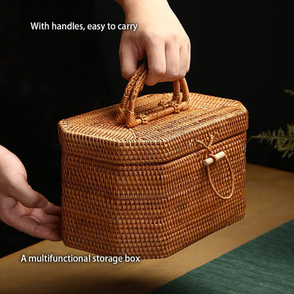 Handwoven Rattan Storage Box with Handle