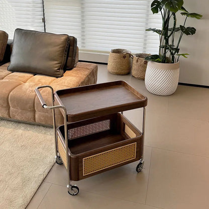 Elegant Wood and Rattan Coffee Table Cart with Wheels - For Planet Sake