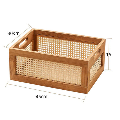 Vintage solid wood storage basket with bamboo rattan mesh design - Forplanetsake