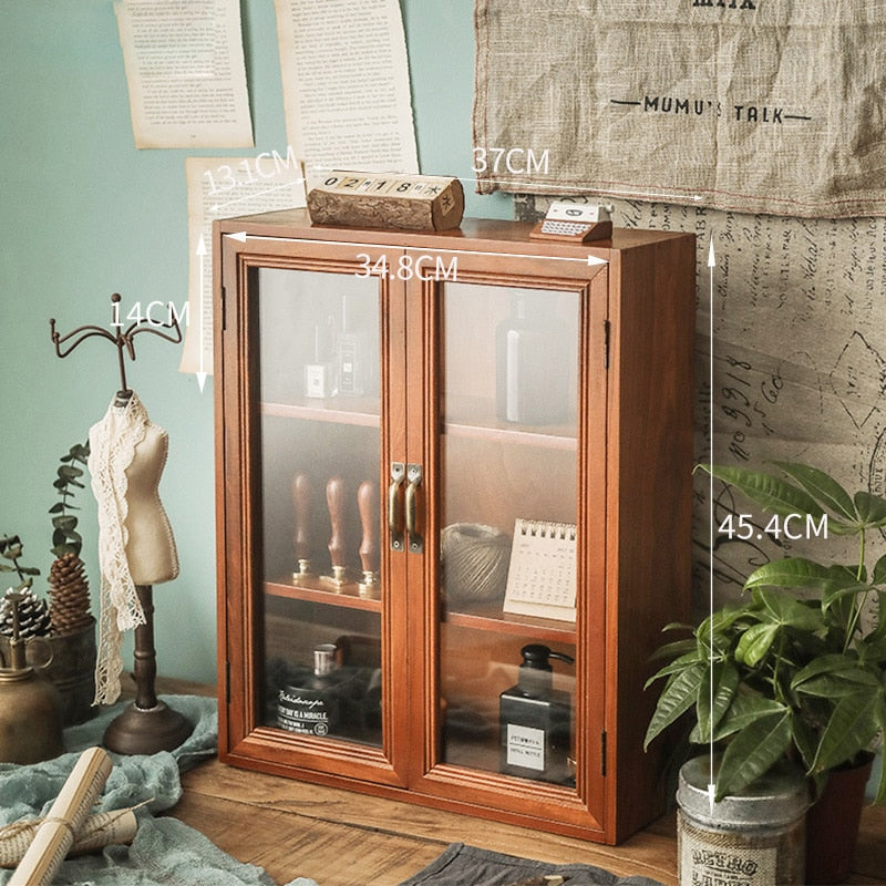 Vintage Desktop Storage Glass Door Wooden Storage Cabinets - Forplanetsake