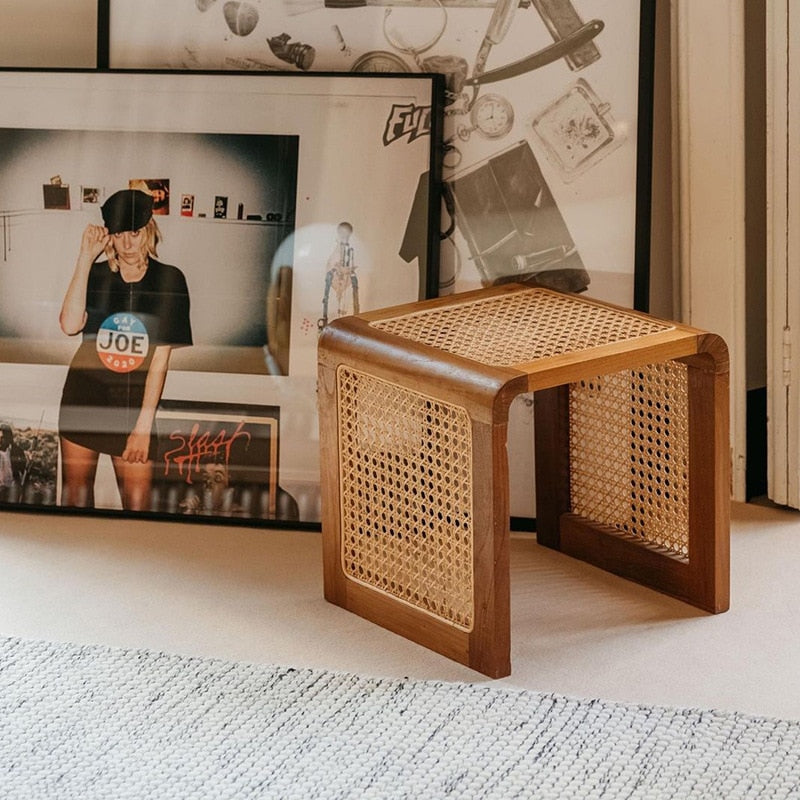 Minimalist Solid Wood and Rattan Square Coffee Table