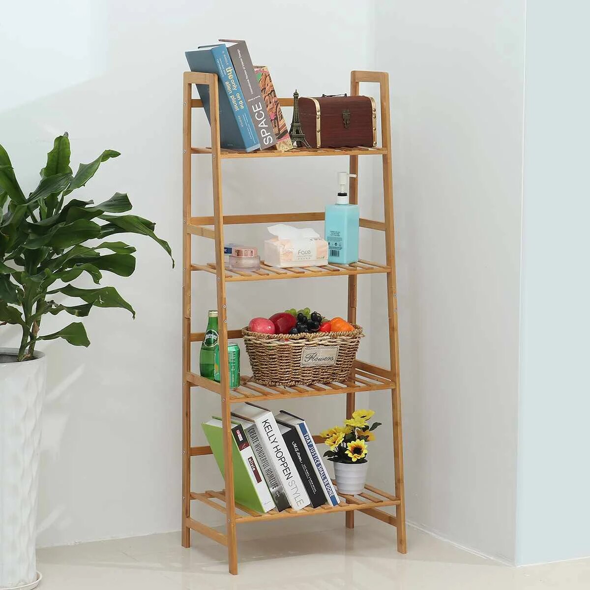 4 Tier Natural Bamboo Trapezoidal Ladder Rack