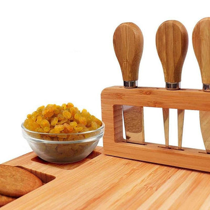 Bamboo Cheese Board with Cheese Knife, Slicer Fork, Scoop - Forplanetsake