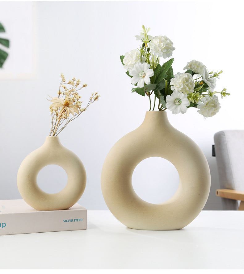 Hollow Donut Beige Ceramic Vase