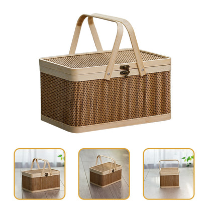 Natural Woven Basket with Handles and Lid Suitable for Picnics, Camping, Gifting and Household Storage - Forplanetsake