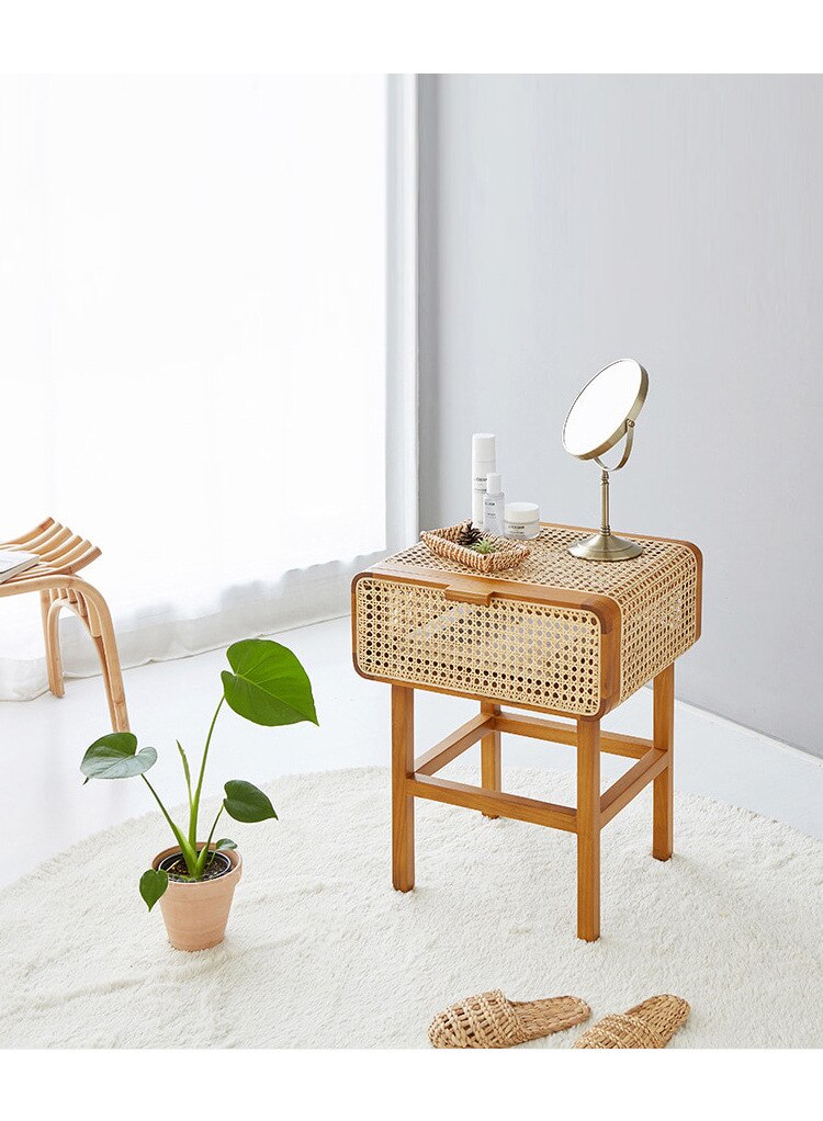 Minimalist Solid Wood and Rattan Premium Bedside Table - Forplanetsake