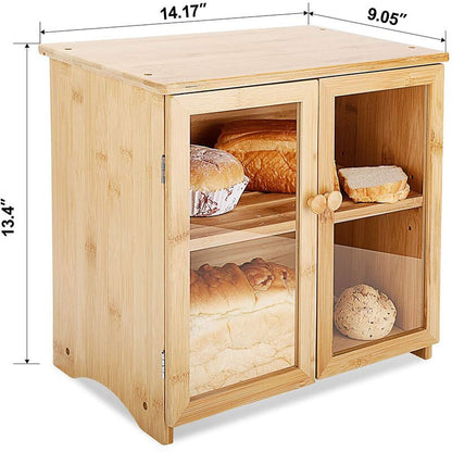 Double Door Dustproof Bamboo 2-Tier Bread Box and Seasoning Locker Simple Household Food Storage Box