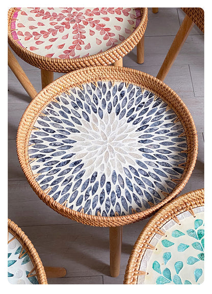 Hand-woven Rattan Coffee Table with Multi Colored Shell Decoration