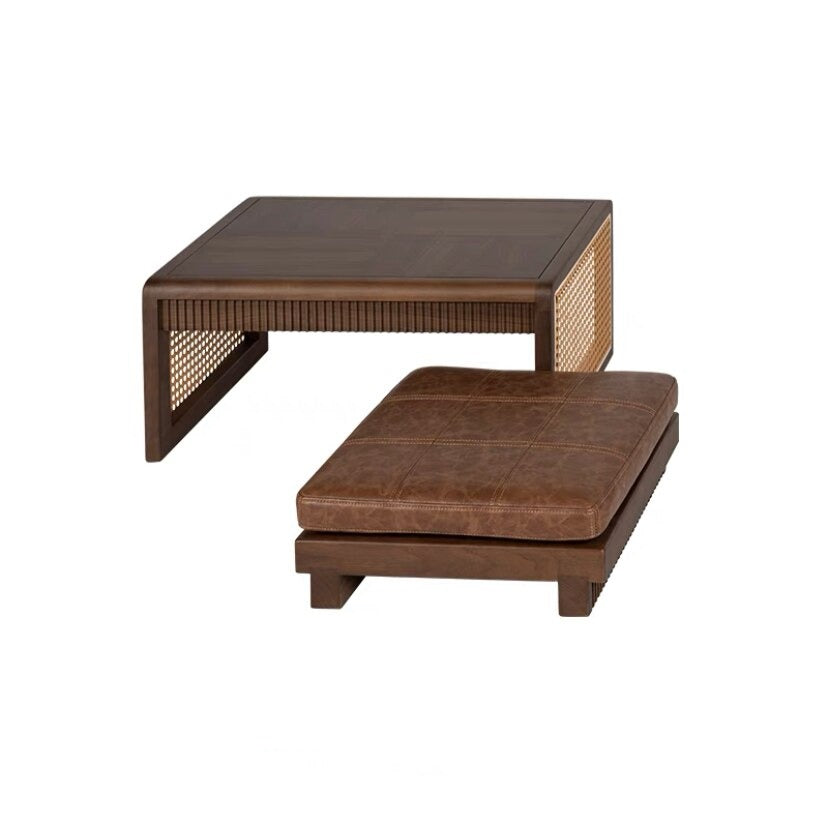 Solid Walnut Wood & Rattan Small Low Height Coffee Table