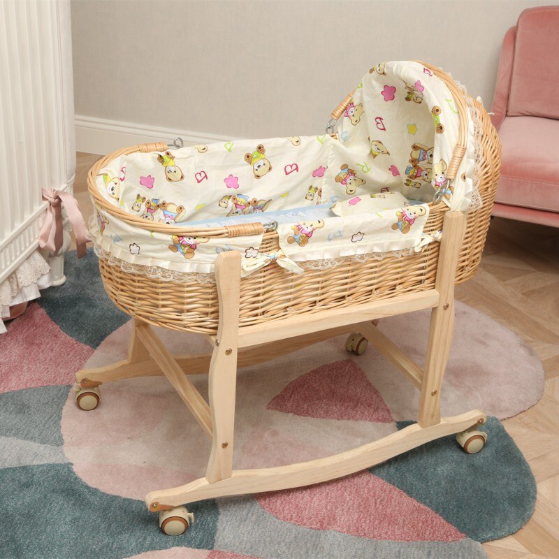 Wooden and Rattan Portable Baby Cradle Bed with Roller Baby Rocker 360 Degree Rotating Wheels - Forplanetsake