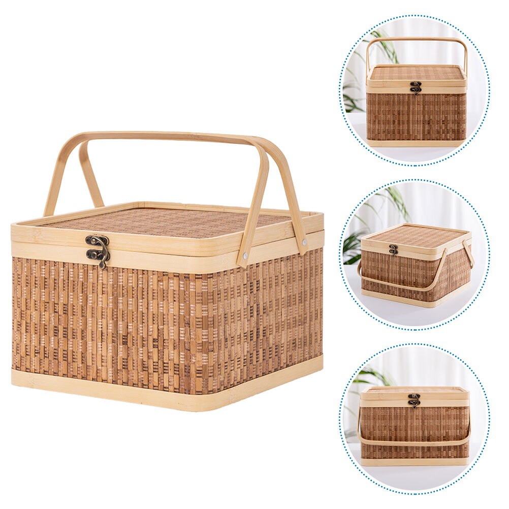 Bamboo Woven Baskets with Lid and Handles for Picnics and Household Storage