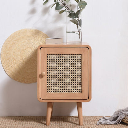 Minimalist Modern Natural Rattan and Solid Wood Bedside Table - Forplanetsake