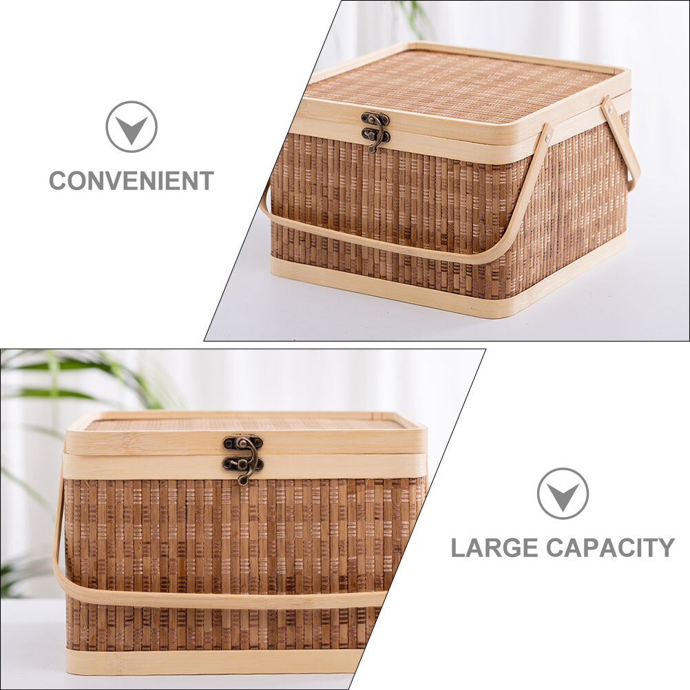 Bamboo Woven Baskets with Lid and Handles for Picnics and Household Storage