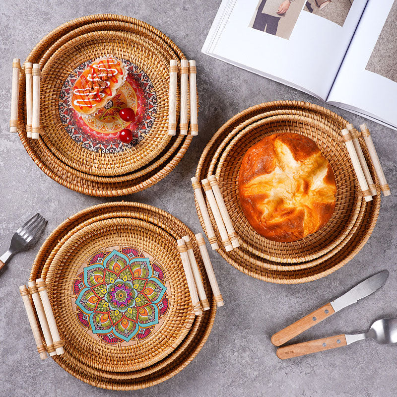Handwoven Rattan Decorative Dinner Serving Trays and Picnic Basket - Forplanetsake