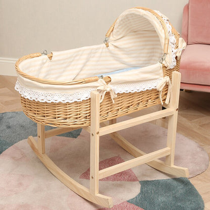 Wooden and Rattan Portable Baby Cradle Bed with Roller Baby Rocker 360 Degree Rotating Wheels