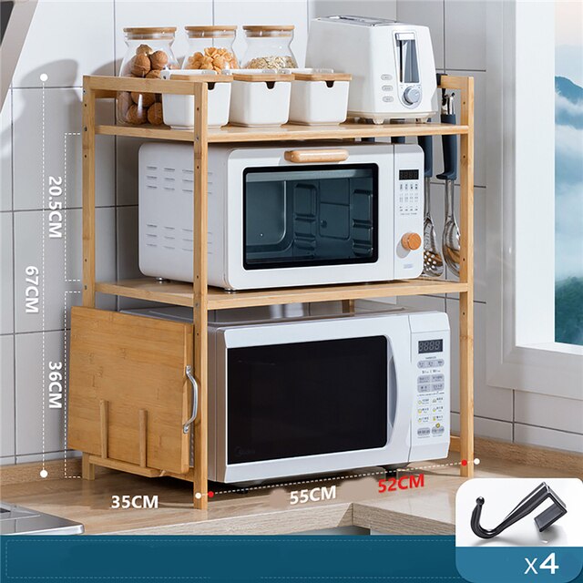 Kitchen Countertop Multi-Layer Bamboo Adjustable Storage and Organiser Shelf with Hanging Hook and Chopping Board Holder