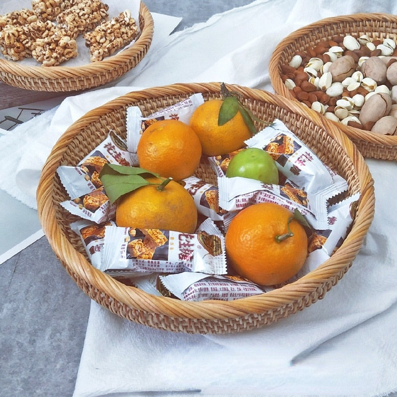 Handmade Real Rattan Fruit Basket, Snack Tray and Bread Basket
