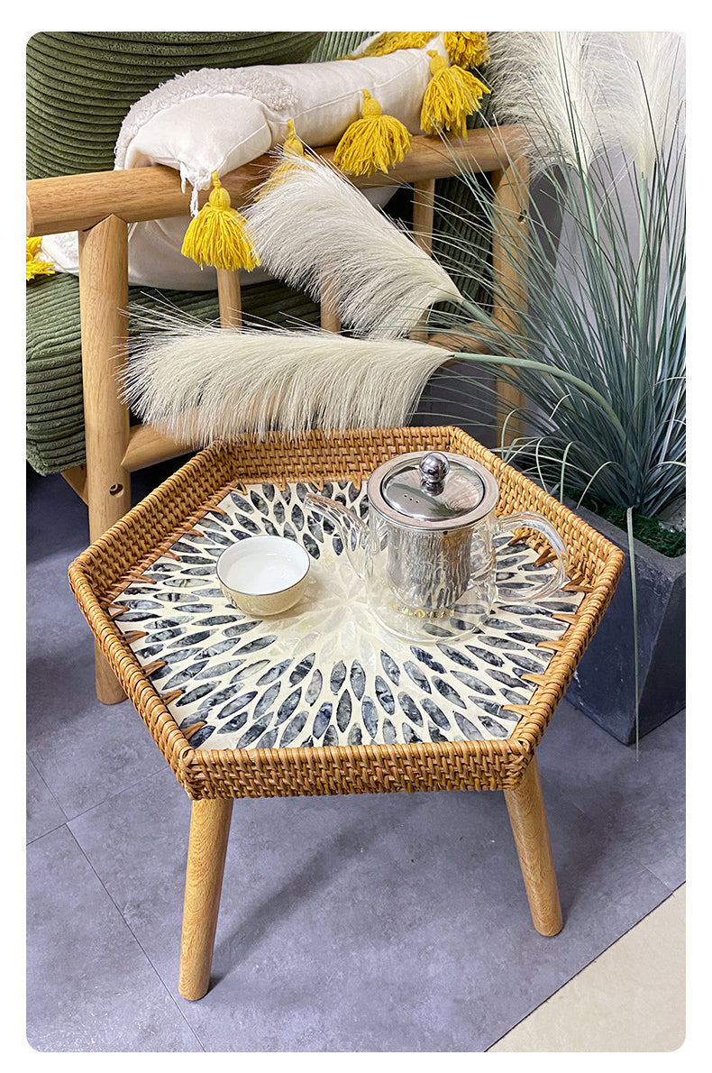 Hand-woven Rattan Coffee Table with Multi Colored Shell Decoration - Forplanetsake
